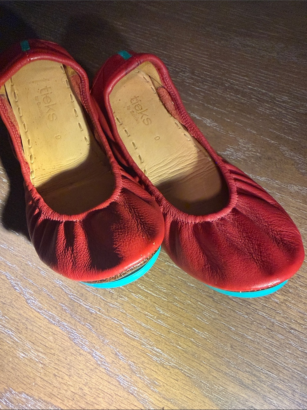 Tieks Red Leather Flats with Teal Accents